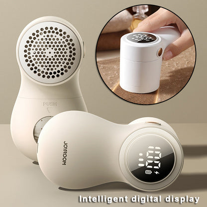 JOYRROOM digital fabric shaver with intelligent display, shown removing lint from clothing