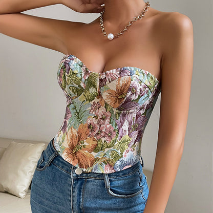 Floral Tube Vest | Y2K Fashion Crop Corset Tank With Back-Tied Design