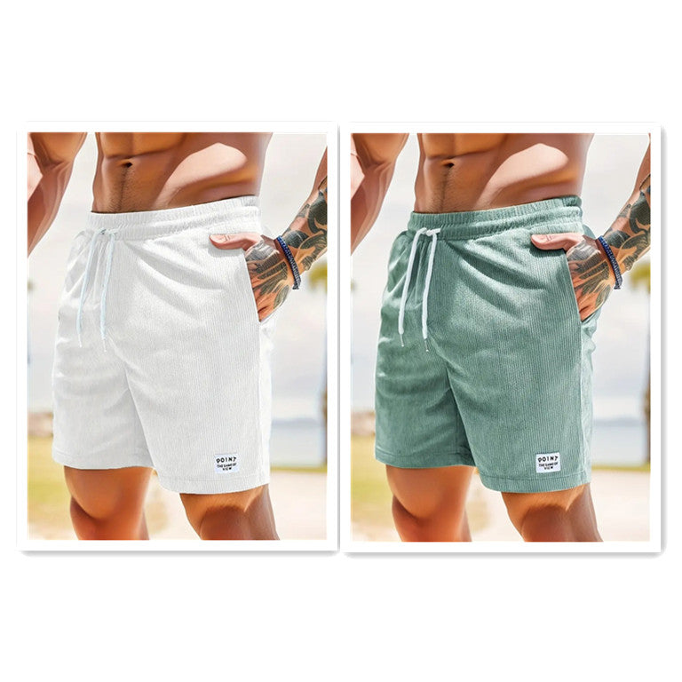 Men's casual summer shorts in white and green with drawstring waistband and side pockets