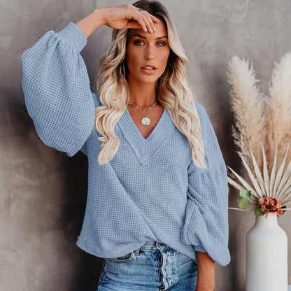 Loose V-Neck T-Shirt - Lantern Sleeve Top | Lightweight Polyester Pullover