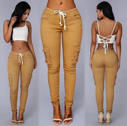 Women's Casual Pants - Multi-Pocket Cotton Trousers With Tight Fit And Middle Waist