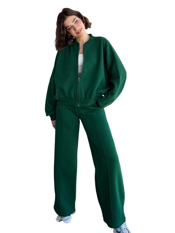 Women's Sports Suits Zipper Jacket Set With Wide Leg Pants - Polyester Activewear