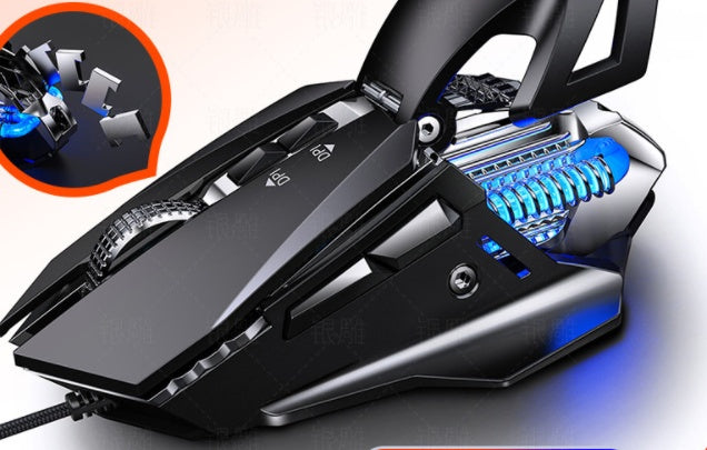 futuristic black ergonomic gaming mouse with blue LED spring and adjustable components