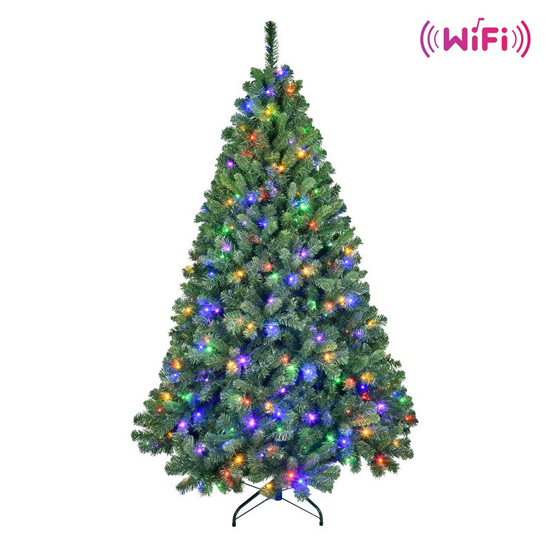 Artificial Christmas tree with multicolor LED lights and WiFi control icon on white background