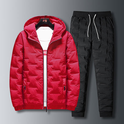 Men's Down Jacket - Autumn Winter Suit Set With Hooded Padded Coat And Pants
