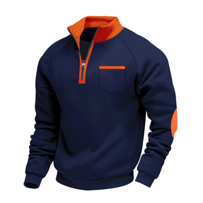 Navy blue quarter-zip fleece pullover with orange collar, pocket trim, and elbow patch