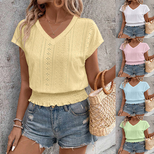 Women Summer Eyelet Top - Casual V Neck Blouse With Smocked Elastic Hem