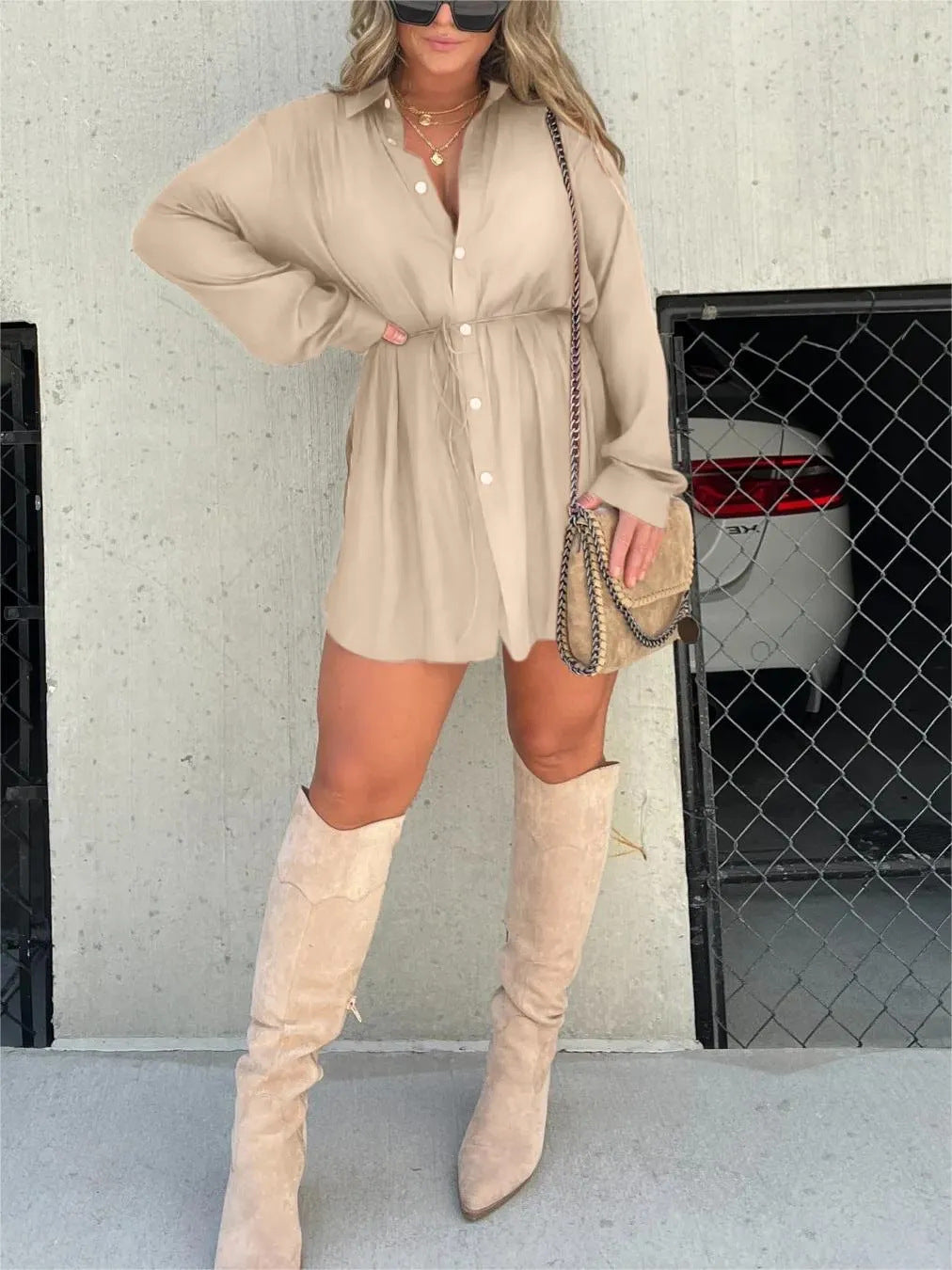 Women's Long Sleeve Jumpsuit - Lace-Up Button Shirt Dress, Stylish Spandex