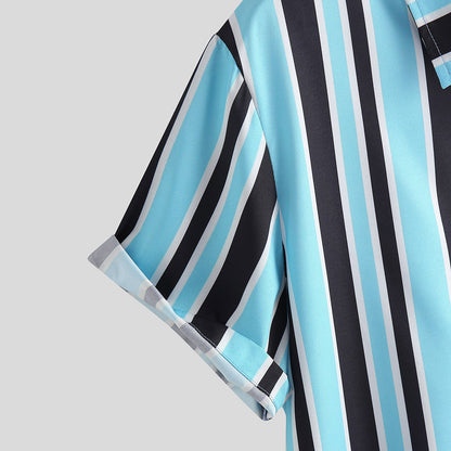Men Stripe Shirts - Blue Polyester Casual Daily Wear, Relaxed Fit
