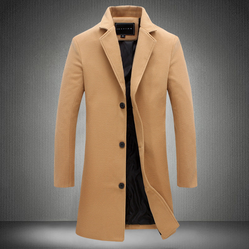 Mens Woolen Coat - Casual Business Medium Length Solid Color Outerwear
