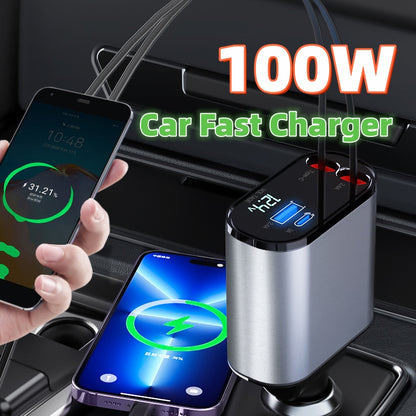 100W car fast charger with digital display charging two smartphones in a vehicle