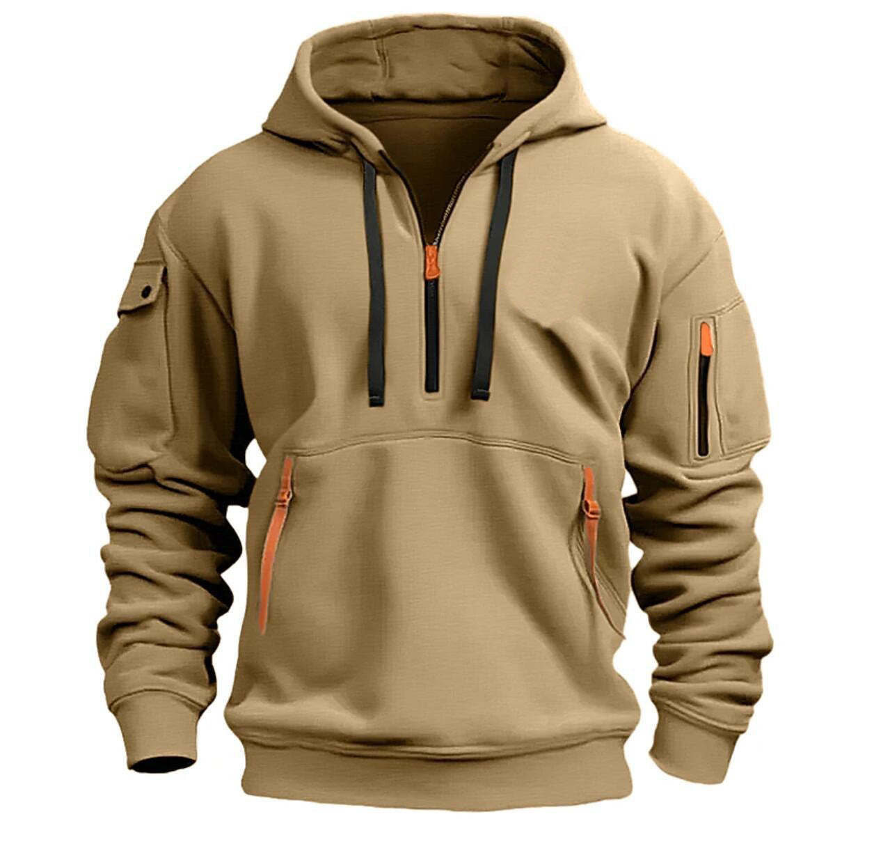 Beige hooded pullover sweatshirt with black drawstrings, front pocket zippers, and arm zip pocket