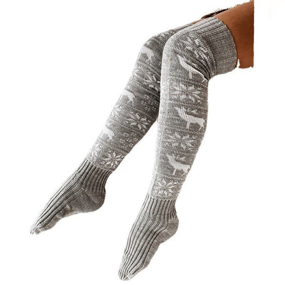 Christmas Thigh High Socks - Warm Knitted Winter Knee Socks With Snowflake Elk Pattern