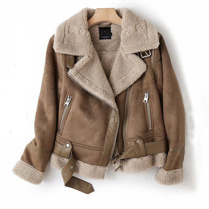 Suede Winter Jacket - Women's Warm Coat With Lamb Wool Motorcycle Outerwear
