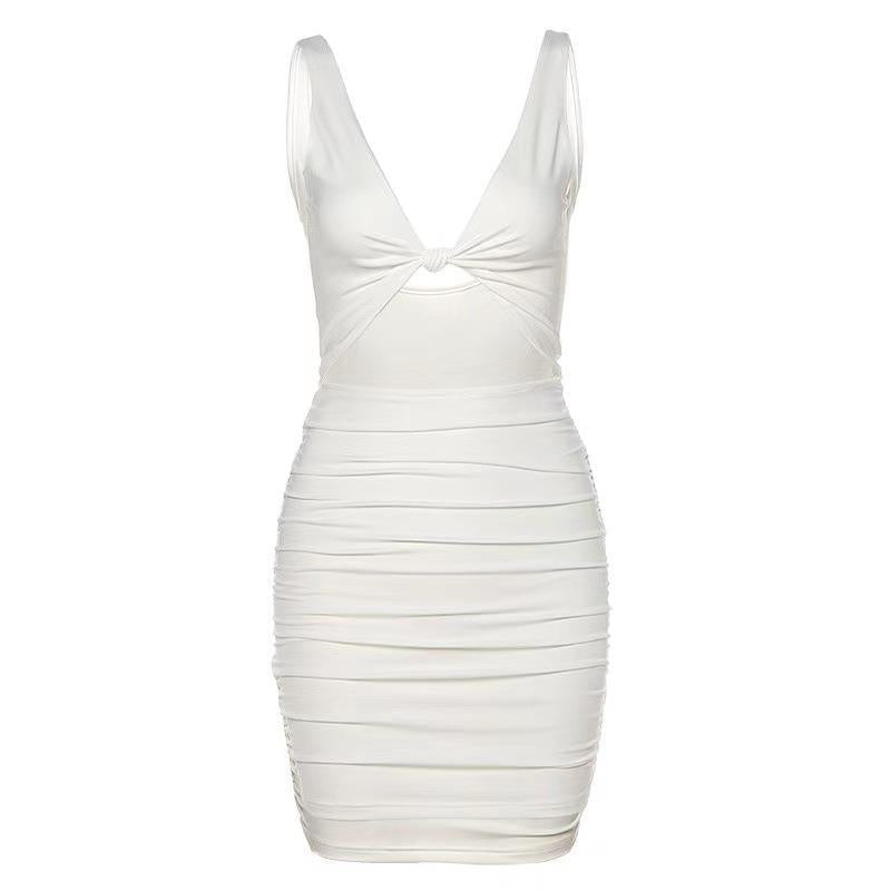 White sleeveless ruched bodycon dress with deep V-neck and front knot detail