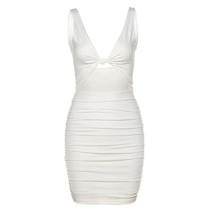 White sleeveless ruched bodycon dress with deep V-neck and front knot detail