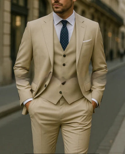 Man wearing a tailored beige three-piece suit with a white shirt and navy polka dot tie in urban setting