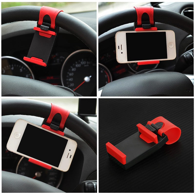 Red and black adjustable phone holder mounted on car steering wheel holding a smartphone in multiple angles