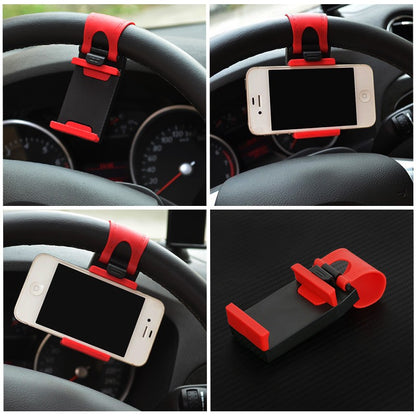 Red and black adjustable phone holder mounted on car steering wheel holding a smartphone in multiple angles
