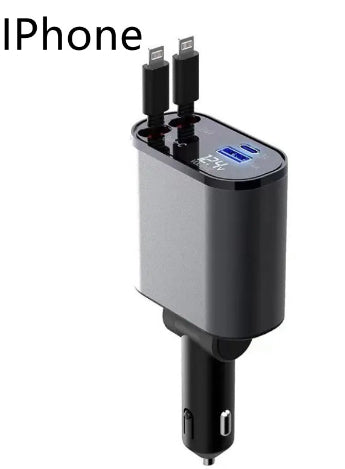 Car USB charger adapter with dual USB ports and two charging cables plugged in, designed for iPhone