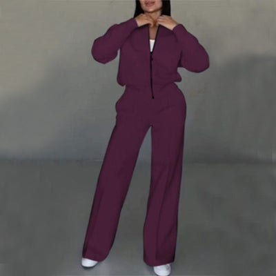 Women's Sports Suits Zipper Jacket Set With Wide Leg Pants - Polyester Activewear
