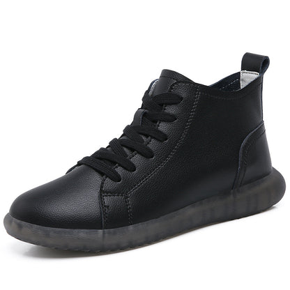 Black high-top leather sneaker with black laces and translucent rubber sole on white background