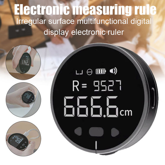 Black round electronic measuring ruler with digital display showing 666.6 cm, used for irregular surfaces