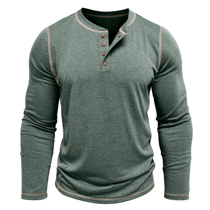 Men's long sleeve green henley shirt with brown buttons and contrast stitching