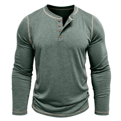 Men's long sleeve green henley shirt with brown buttons and contrast stitching