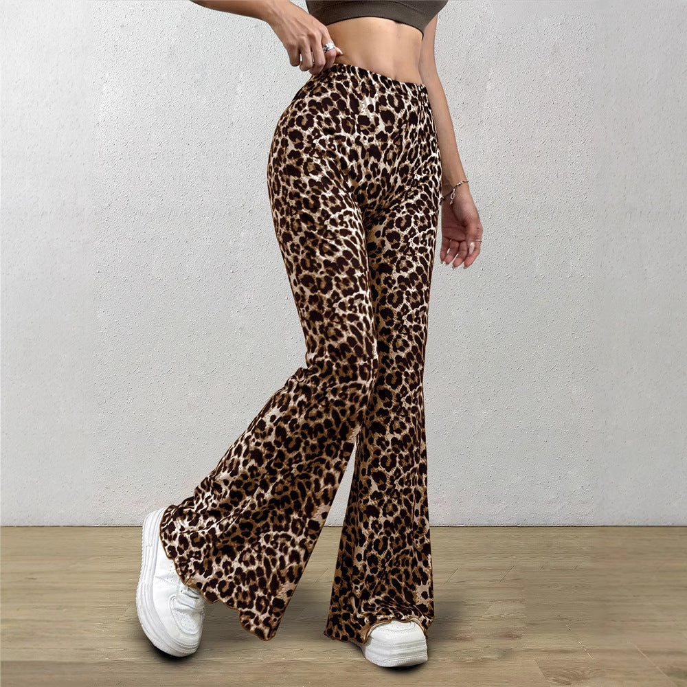 Leopard Print Flared Pants | Knitted Stretch High Waist Bell Bottoms