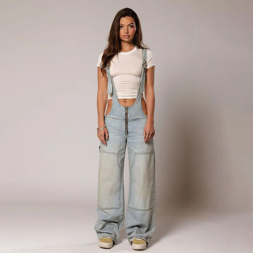 Denim Overalls With Zipper Pockets – Loose Suspender Jumpsuit, Wide Leg Pants