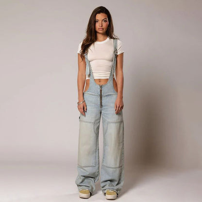 Denim Overalls With Zipper Pockets – Loose Suspender Jumpsuit, Wide Leg Pants