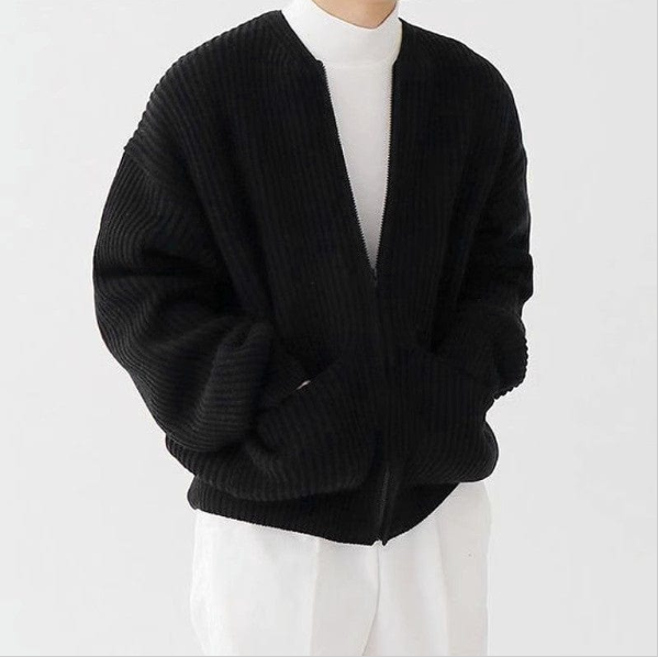 Men Knitted Cardigan | Zip Up Sweater With Lined Funnel Neck & Pockets