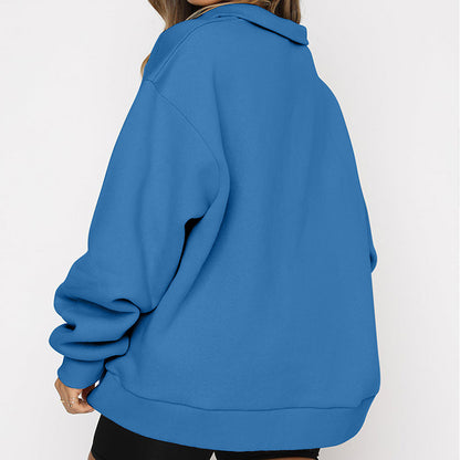 Women Zip Sweatshirt - Loose Pullover With Turndown Collar | Casual Tops