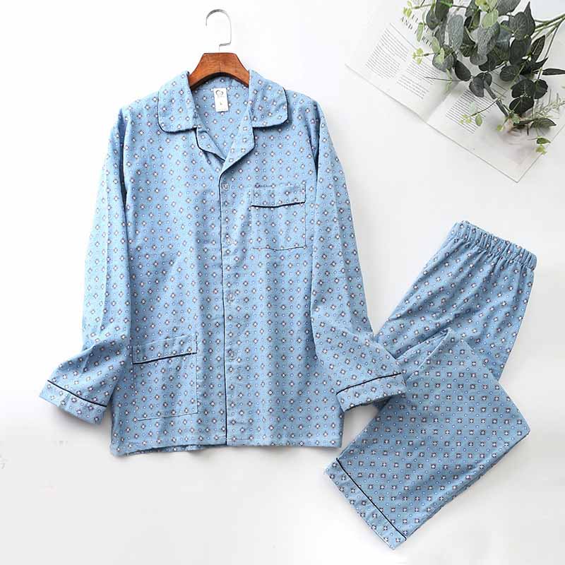 Long Sleeve Pajama Set - Men's Cotton Sleepwear With Lapel Collar & Blue Pattern