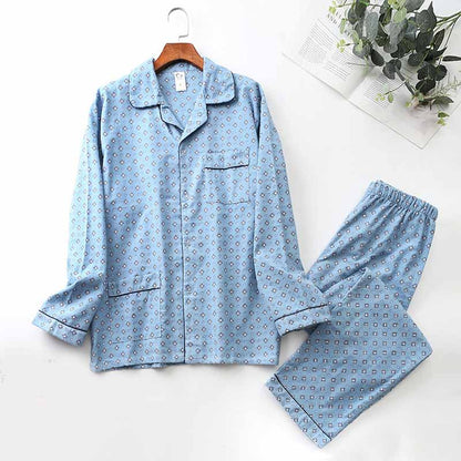 Long Sleeve Pajama Set - Men's Cotton Sleepwear With Lapel Collar & Blue Pattern