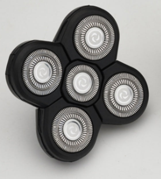 Close-up of a black electric shaver head with five circular rotary blades