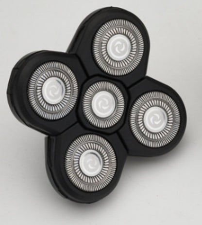 Close-up of a black electric shaver head with five circular rotary blades