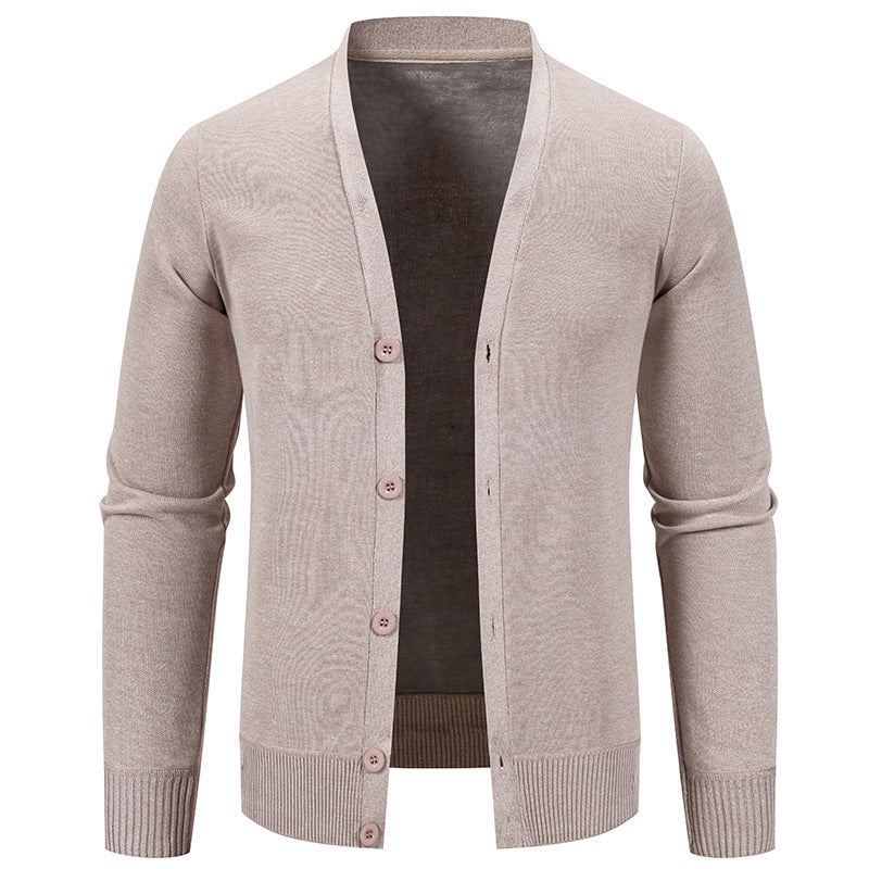 Beige men's button-up cardigan sweater with ribbed cuffs and hem on white background