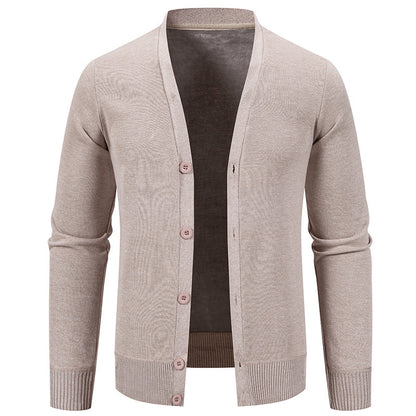 Beige men's button-up cardigan sweater with ribbed cuffs and hem on white background