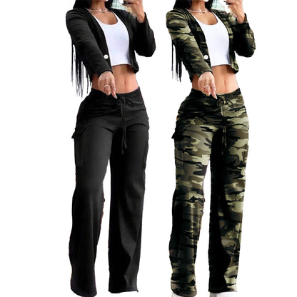 Wide-Leg Pants Set - Camouflage Outfit With Drawstring Pants And Long Sleeve Top