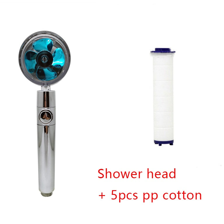Chrome handheld shower head with blue fan blades and a 5-piece PP cotton filter cartridge on white background