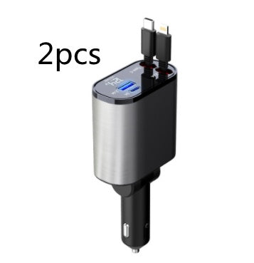 2 pcs silver and black car charger with USB and Type-C ports plugged into car cigarette lighter