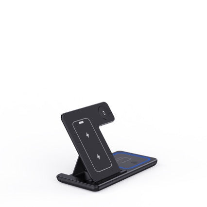 Black 3-in-1 wireless charger stand with charging icons on white background