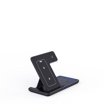 Black 3-in-1 wireless charger stand with charging icons on white background