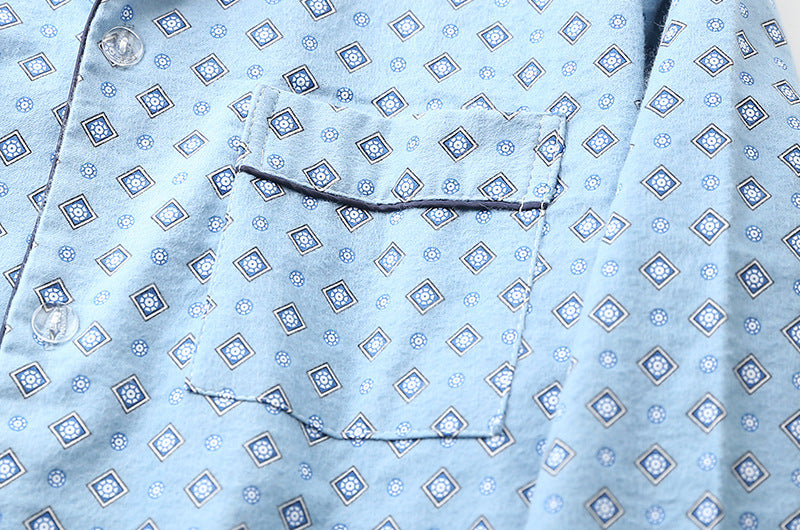 Long Sleeve Pajama Set - Men's Cotton Sleepwear With Lapel Collar & Blue Pattern