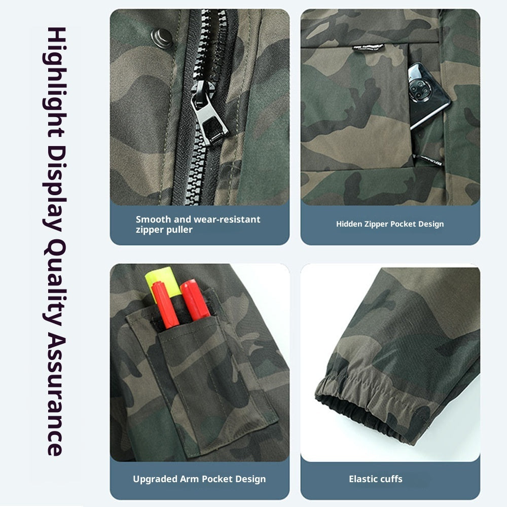 Camouflage jacket details showing smooth zipper, hidden pocket, arm pocket with pens, and elastic cuffs