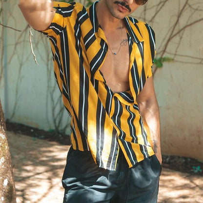 Men's Casual Shirt - Loose Fit Cotton Summer Streetwear Tee | Yellow Short Sleeve