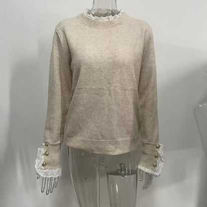 Women's Lace Trim Mock Neck Sweater - Cozy Fall Pullover With Elegant Button Detail
