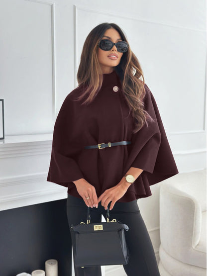 Stand Collar Cloak - Batwing Sleeve Jacket With Belted Woolen Sweater Outwear